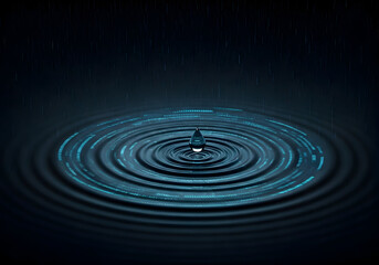 Single Water Droplet Creating Ripples on a Dark, Futuristic Surface with Digital Patterns