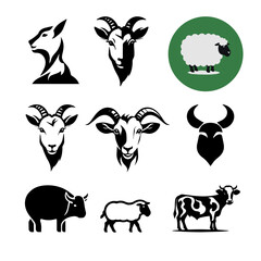 Farm Animal Vector Set – Goat, Sheep, Cow, Buffalo Silhouette and Illustration