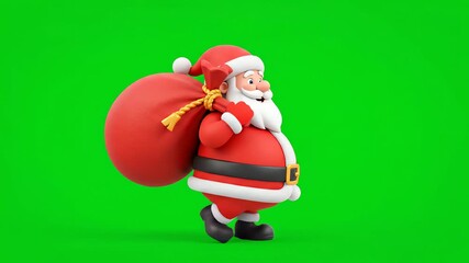 A cheerful 3D cartoon Santa Claus character walking and carrying a large red Santa sack full of gifts on a green screen background