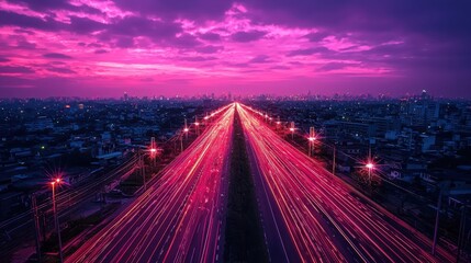 Stunning long exposure shot of a city at night capturing the dynamic flow of lights and automated 5g infrastructure