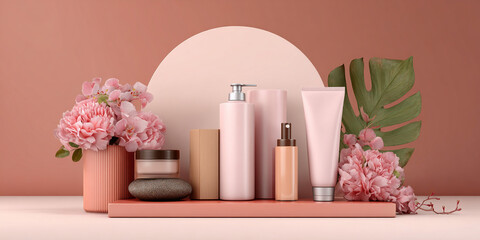 Arrangement of pink cosmetic bottles with blossoms on pastel background, elegant skincare packaging styling for beauty branding visuals - AI generated