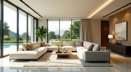 Fototapeta premium Luxurious Modern Living Room with Sectional Sofa and Panoramic View of Serene Landscape Featuring Floor to Ceiling Windows and Neutral Color Palette