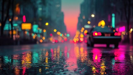 City street at night, rain, vibrant lights