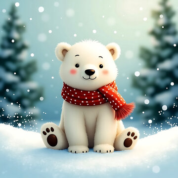 Cute Polar Bear Cub Wearing Red Scarf in Snowy Forest &ndash; Winter Cartoon Animal Illustration