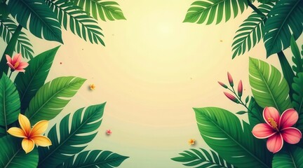 Lush Tropical Foliage and Vibrant Blossoms Frame a Soft, Sunny Background, Perfect for Summer Designs and Tropical Themed Projects