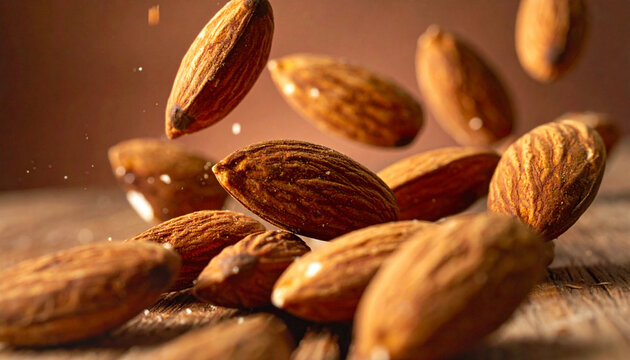 Dynamically falling almonds onto a wooden table placed against a brown background - Powered by Adobe