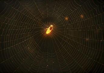 Obraz premium Close up of a Glowing Insect Trapped in a Delicate Spider Web Illuminated by Warm Light