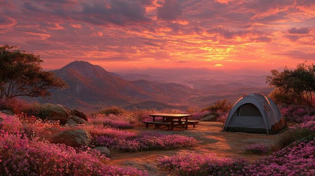 Mountaintop campsite at vibrant sunset
