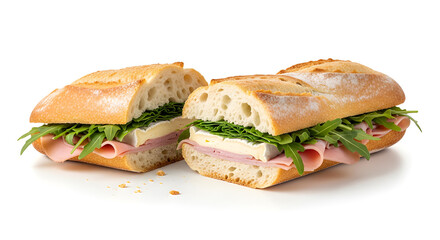 A delectable sandwich with various fresh ingredients, cut in half to reveal its delicious contents
