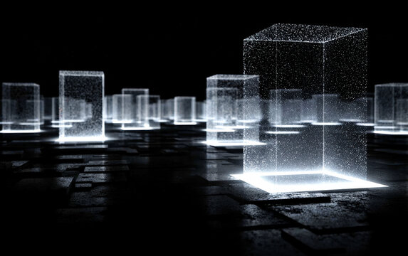 Fototapeta Abstract digital cubes with glowing effects in a dark setting