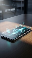 Smartphone Displaying a Holographic Image on a Wooden Table.