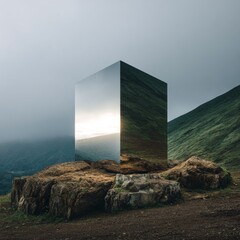 Reflective Cube on Rocky Ground in Mystical Green Landscape