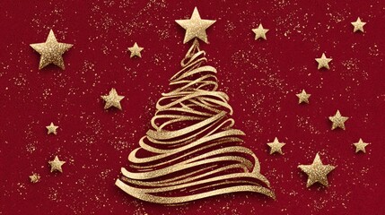 Golden Christmas Tree with Glittering Stars on Red Background for Holiday Decorations