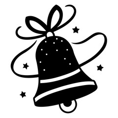 Elegant Black and White Christmas Bell Icon with Ribbon and Stars Festive Holiday Season Vector Graphic Illustration