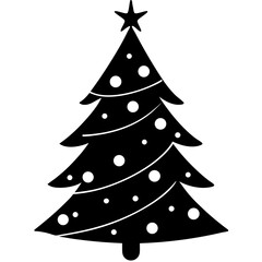 Elegant black and white Christmas tree illustration adorned with baubles and a star festive design for the holidays