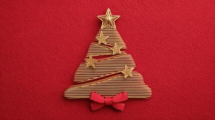 Golden Christmas Tree Ornament with Stars and Red Bow on Red Textured Background
