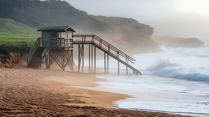 Solitary lifeguard tower standing tall on a serene, mist-shrouded beach as powerful ocean waves crash ashore
