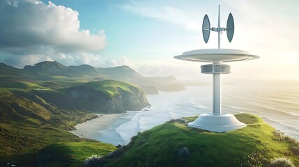 Futuristic communication tower on a cliff overlooking a serene coastal landscape