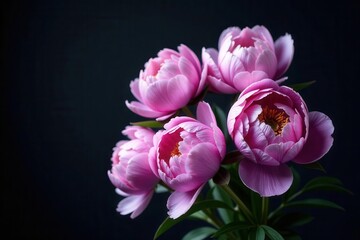 Obraz premium A Delicate Bouquet of Pink Peonies, Gracefully Arranged Against a Dark Background, Showcasing Their Exquisite Petals and Vibrant Hues