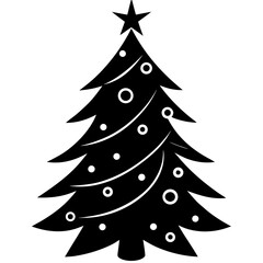 Festive Christmas Tree Icon with Star and Ornaments in Black and White for Holiday Season