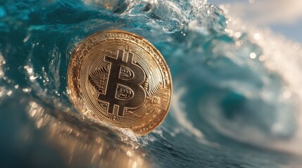 Bitcoin floating in water symbolizing momentum cascade and the rising trends of cryptocurrency in a fluid market