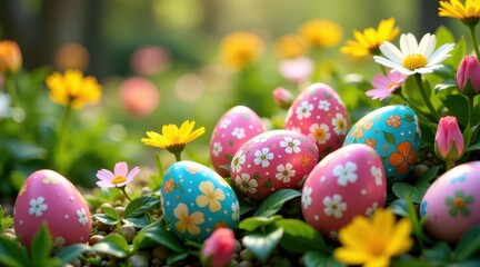 Decorative Easter Eggs Nestled Amongst Vibrant Spring Blossoms in a Lush Garden Setting