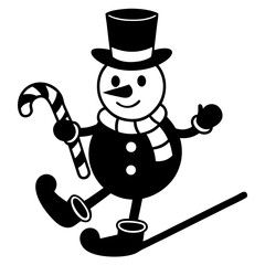 Festive Snowman Illustration with Candy Cane and Top Hat for Holiday Season Cheer and Christmas Celebration