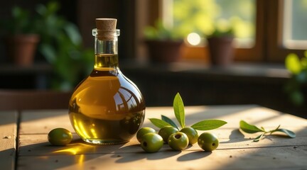 Golden Olive Oil in Glass Bottle on Wooden Table with Fresh Olives and Sunlight