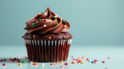 A Delicious Chocolate Cupcake Topped with Swirled Frosting and Colorful Sprinkles on a Light Blue Background