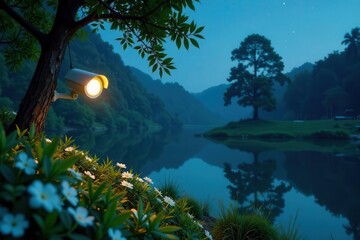 Serene Twilight Landscape Illuminated by a Glowing Security Light Mounted on a Tree Branch Near a Calm Lake