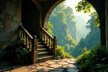 Stone staircase leading to a breathtaking vista of verdant mountains and cliffs bathed in sunlight