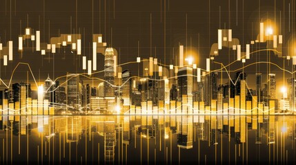 Golden City Skyline with Stock Market Data and Financial Charts