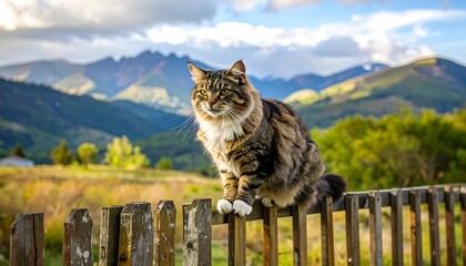 Majestic feline perched on fence, mountain backdrop