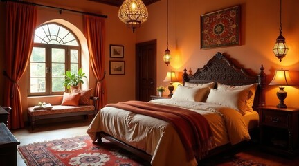 Warm Evening Light in a Luxurious Master Bedroom Suite with Ornate Headboard and Rich Fabrics