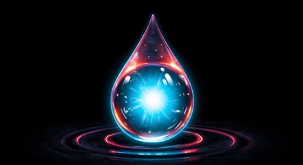 Glowing Water Droplet with Blue Light and Red Outline on Dark Background