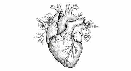 Anatomical human heart with blooming flowers, detailed line art vector illustration.