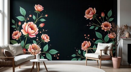 Elegant Floral Wall Mural Design Featuring Peach Blossoms and Dark Background for Modern Living Room Decor