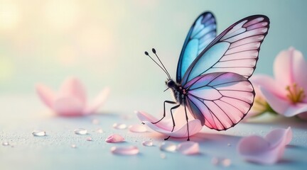 A delicate pastel butterfly rests gently on a soft pink petal, surrounded by dew drops and blossoms, creating a serene and ethereal springtime scene.