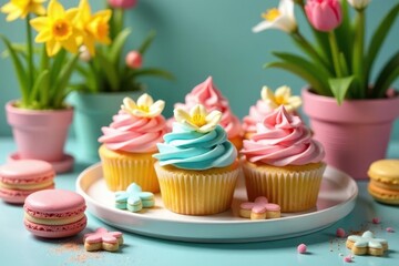 Delightful pastel cupcakes adorned with delicate sugar flowers, accompanied by pastel macarons and cookies, arranged on a pristine white plate, creating a charming spring-themed confectionery scene.