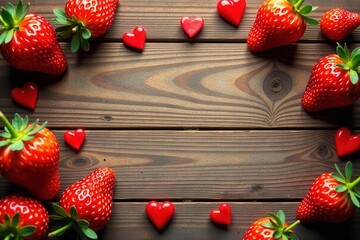 A Rustic Wooden Background Decorated with Fresh Strawberries and Small Red Hearts Creates a Romantic and Festive Setting