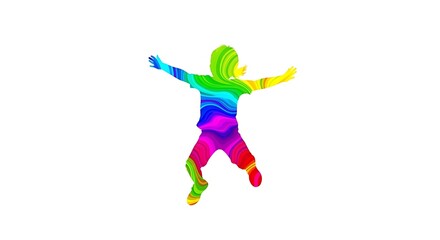 Vibrant child silhouette joyfully leaps with arms outstretched, radiating pure childhood happiness and boundless energy in a kaleidoscope of rainbow colors