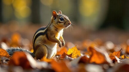 A small striped rodent stands amidst a carpet of autumn leaves, bathed in the warm glow of sunlight.