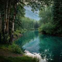 Serene mountain lake, lush forest reflections
