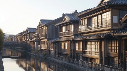 Picturesque Canal-side Houses in Japan: A Serene Morning View