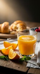 Refreshing Morning - Orange Juice, Croissants, and Berries on Wooden Table.