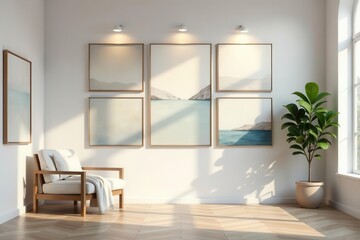Serene coastal landscape artwork adorns a minimalist living space, complemented by a light-colored armchair and a potted plant, bathed in the soft glow of natural sunlight.