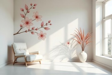 Serene Minimalist Room Decor Featuring Delicate Pink Blossom Wall Art and Dried Pampas Grass Arrangement