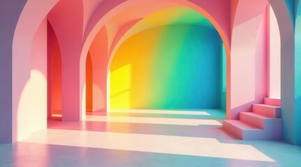 Pastel Arches and Sunlight Illuminating a Modern Room with Steps