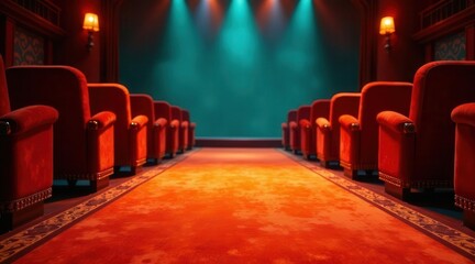 An empty theater, rows of plush velvet seats await the audience, a vibrant red carpet leads to an illuminated stage.