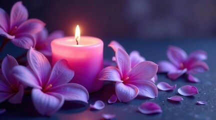 Serene purple blossoms surrounding a softly glowing candle, creating a tranquil and peaceful ambiance